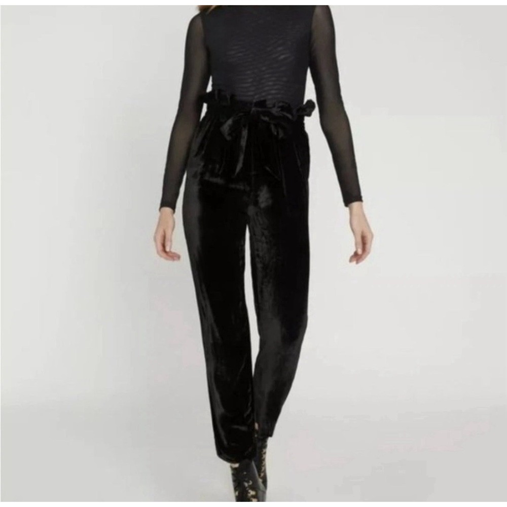 Alice + Olivia Black Velvet High Waisted Paperbag Bow Belt Pants size 12